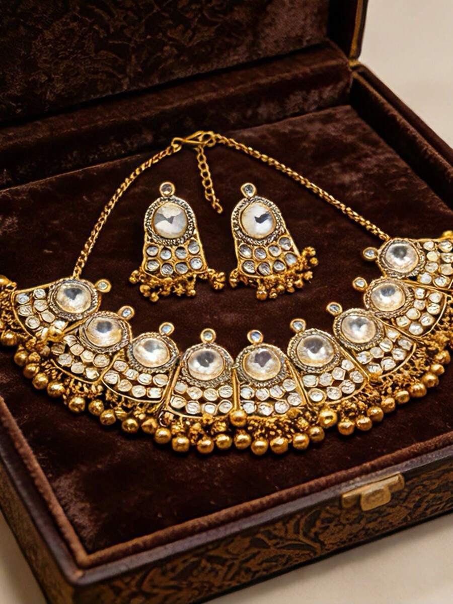 3件套奢华南亚风水钻水晶首饰套装，铃铛流苏项链套装，适合女性节日、宴会和日常佩戴，新娘婚礼首饰 - 金色 - 查看 1