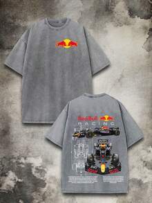 Vintage Washed  Mobil 1 Graphic T-Shirt | Racing Culture Streetwear Tee | Casual Daily Street Outfit  Double-Sided Y2K Style Heavyweight Vintage Distressed Washed 100% Cotton Printed T-Shirt - Crew Neck Short Sleeve, Early Spring Pick, Perfect For Holiday Gifting, Ideal For Daily Leisure & Street Outfits - 灰色 - 查看 1