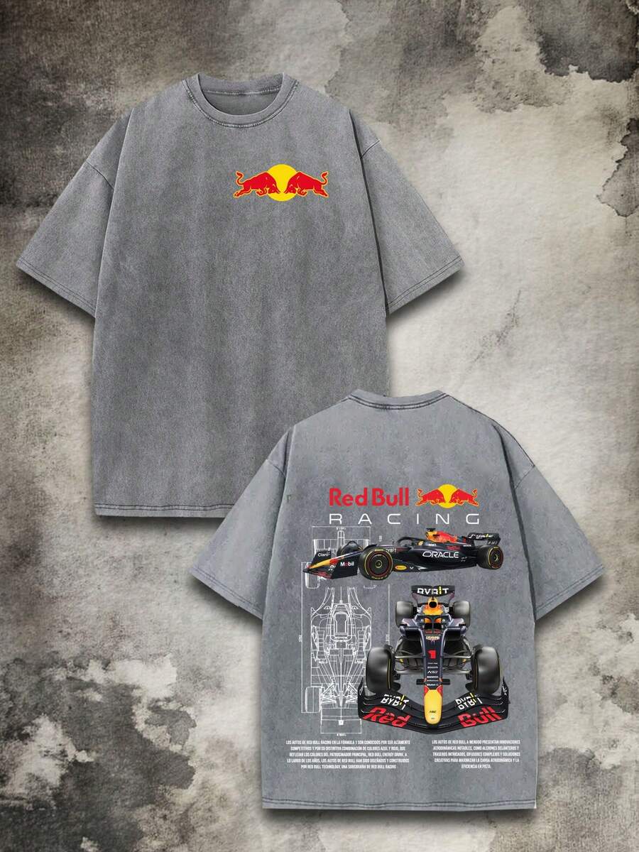 Vintage Washed  Mobil 1 Graphic T-Shirt | Racing Culture Streetwear Tee | Casual Daily Street Outfit  Double-Sided Y2K Style Heavyweight Vintage Distressed Washed 100% Cotton Printed T-Shirt - Crew Neck Short Sleeve, Early Spring Pick, Perfect For Holiday Gifting, Ideal For Daily Leisure & Street Outfits - 灰色 - 查看 1