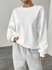 Women's Casual Drop Shoulder Sweatshirt, Versatile Solid Color Top, Round Neck Loose Fit Pullover For Spring And Autumn, Collegiate Style, Streetwear - White - View 2