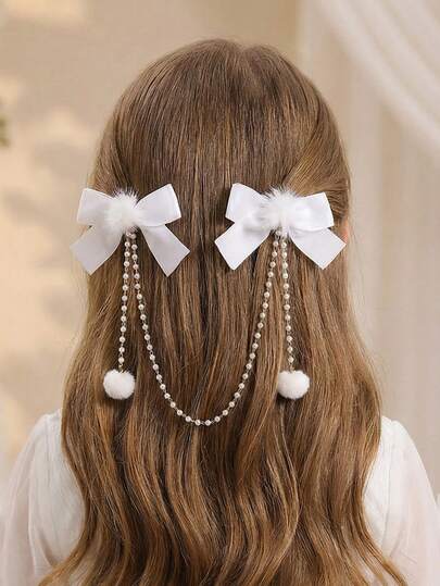 2pcs/Set Girls White Bow Pearl Chain Hair Clips Set, Suitable For New Year Decoration And Daily Wear