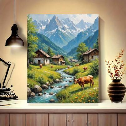 A Complete Adult DIY Digital Painting Kit With A Frame, Depicting A Picturesque Mountain Landscape Featuring A Small Stream And A Cottage, With A Herd Of Cows Grazing In The Foreground. The Size Is 40X50Cm/15. 75X19.. 69 Inches, And It Includes An Oil Canvas Wall Art Set With Acrylic Paints And Brushes (Including The Frame), Making It An Ideal Gift For Home Decoration, Family Activities, Birthdays, Father'S Day, Mother'S Day, And Holidays.