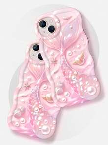 Fantasy Glow Mermaid Seashell Faux Pearl Wave Phone Case, Compatible With Apple 17/17Pro/17ProMax/16/15/11/12/13/14 Pro Max/Xs/Xr/11 Pro/11 Pro Max/12 Pro/12 Pro Max/13 Pro/13 Pro Max/7 Plus/14 Pro/14 Pro Max/14 Plus/8 Plus/SE2, Galaxy S21 5G/S21 FE 5G/S21 Ultra 5G/S22/S22 Ultra/S22+/S23 Ultra/S23/S23+/S24/S24+/S24 Ultra/S24FE/S25/S25+/S25 Ultra, Redmi Note, OPPO, Vivo, Honor, MOTO - Pink - View 3