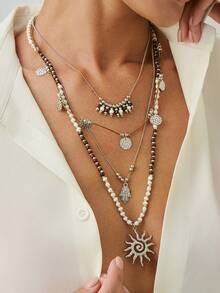 2pcs/Set Bohemian CCB Beaded Sunflower Pendant Necklace Chain, Elegant Fashion For Party, Street Style, Couple Date, Women's Holiday Versatile Jewelry Necklace - Necklace - View 3