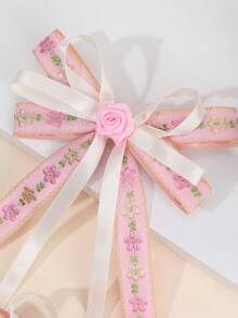 2pcs Pink Embroidered Floral Bow Hair Clips For Girls Pastel Colored Ribbon Fabric Hair Bows Flower Alligator Clips Aesthetic Sweet Princess Barrettes Casual Birthday Wedding Party Hairpins Teens Hair Accessories - Multicolor - View 5