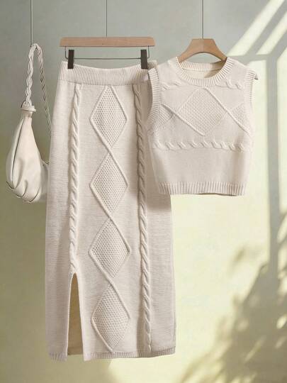 Women's Casual Elegant Fashion Commute Comfortable Office Vintage Lady Solid Color Cable Knit Sleeveless Top & Midi/Maxi Skirt Set, Suitable For Daily, Date, Beach, Early Spring/Autumn