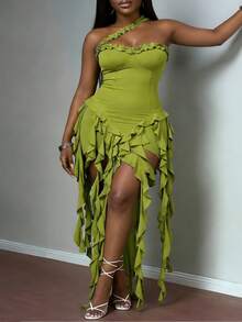 Plus-Size Women's One-Shoulder Ruffle Long Dress, Slim-Fitting And Bodycon Design, Asymmetrical Hem With Shorter Front And Longer Back, Suitable For Parties And Evening Outings. - Green - View 1