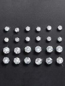 24 pièces Ensemble de boucles d'oreilles à la mode minimaliste avec zirconium cubique et rond brillant, idéal pour les fêtes, les rendez-vous, les cadeaux, et un port polyvalent au quotidien - Argent - Voir 4