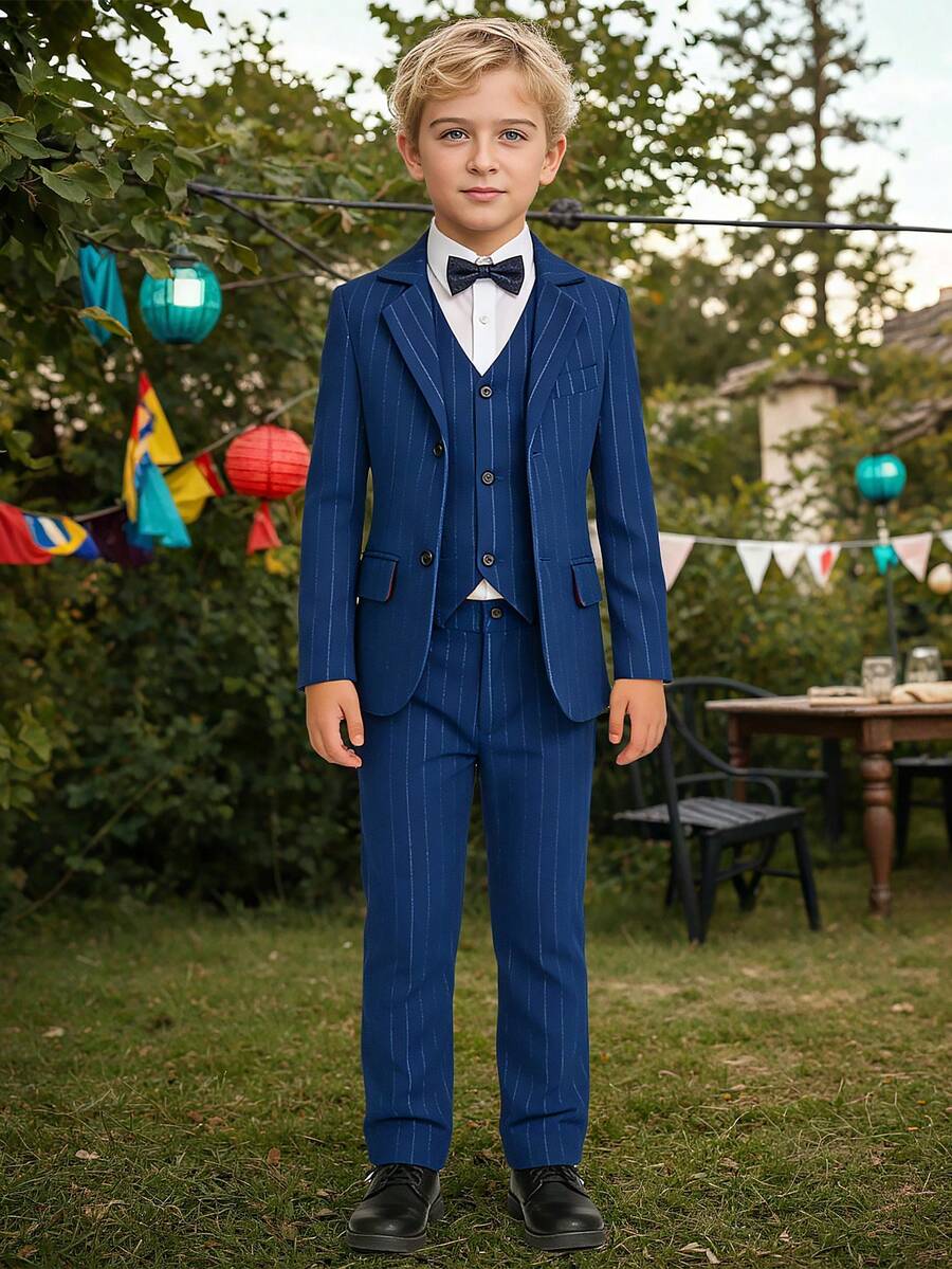 Boys Royal Blue Striped Blazer 3-Piece Suit Set | Kids Vest Dress Pants Jacket Outfit | Halloween Christmas Birthday Party, Easter Wedding Formal Attire, Children's Pageant Tuxedo Suits - 寶藍色 - 查看 1
