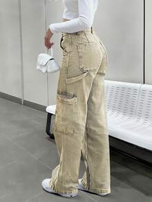 2026夏季女式宽松休闲黄色工装牛仔裤，Y2K风格水洗阔腿牛仔裤，性感街头风水洗牛仔裤 - 復古黃 - 查看 3