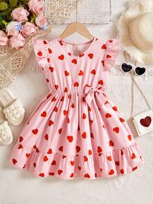 Young Girls' Casual Heart Print Dress, Ruffled Cap Sleeve A-Line Dress, Suitable For Casual, Tea Party, Vacation, Fresh And Youthful Pink Heart Print Dress - Red - View 1