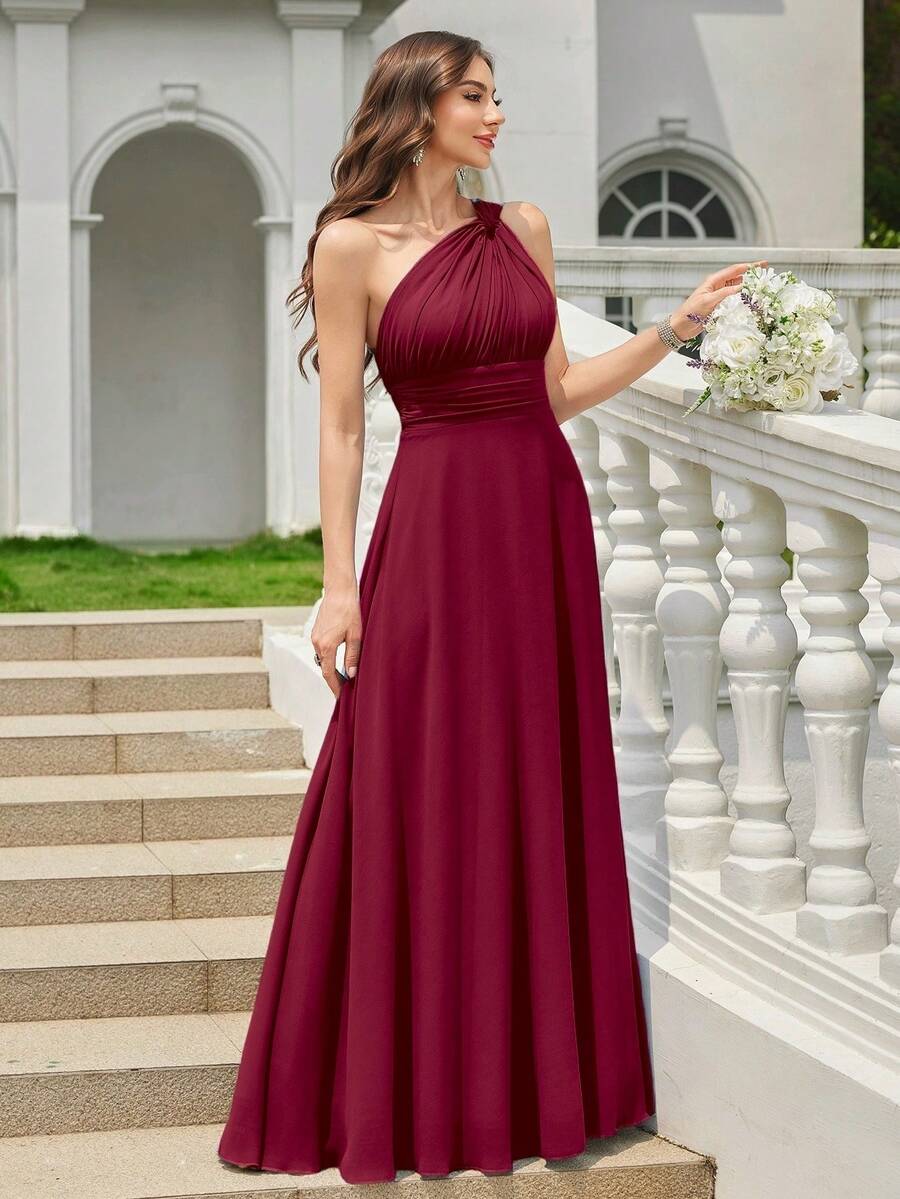 Volly Toych Off-The-Shoulder Ruched Chiffon Elegant Long Formal Bridesmaid Dress, Suitable For Wedding Guests