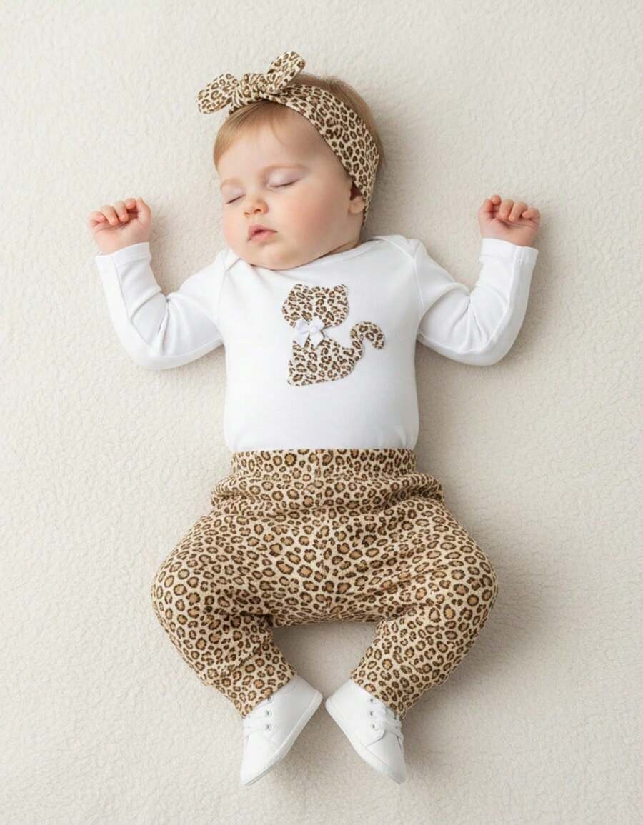 Sempre Bebê Baby Girl Clothing Set Long Sleeve Bodysuit With Pants And Headband Blogger Diva Leopard Kitten Bow Outfit Winter Cold Weather Kitten Set With Chic Bow - 白色 - 查看 1