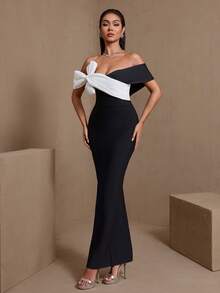 女士优雅收腰鸡尾酒会礼服，撞色设计，3D蝴蝶结装饰，适合婚礼和春季穿着 - 黑與白 - 查看 2