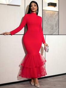 Vestido de sirena elegante rojo de malla con capas para mujer, de cuello alto, manga larga y estilo ajustado, adecuado para invitados de boda y el Día de San Valentín - Rojo - Ver 6