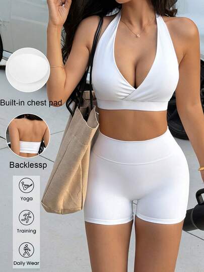 Aoqta Sports Women's Two Pieces Spring/Summer Solid Color Sexy Halter Sleeved Deep V Neck Neck Top And High Waisted Slim Shorts Suit For Gym Sports Yoga Fitness