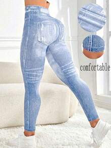 Women's Outdoor Fashion Sexy Sports Leggings, Digital Denim Print Contrast Color Design Yoga Tight Cycling Pants, Lifting Butt Slimming Waist Peach Hip Yoga Base Layer Pants, Lightweight & Comfortable, Suitable For Indoor/Outdoor Sports Yoga, Cycling, Gym Workout, Casual Daily Wear - Blue and White - View 1