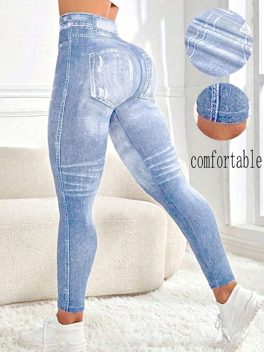 Women's Outdoor Fashion Sexy Sports Leggings, Digital Denim Print Contrast Color Design Yoga Tight Cycling Pants, Lifting Butt Slimming Waist Peach Hip Yoga Base Layer Pants, Lightweight & Comfortable, Suitable For Indoor/Outdoor Sports Yoga, Cycling, Gym Workout, Casual Daily Wear - Blue and White - View 1