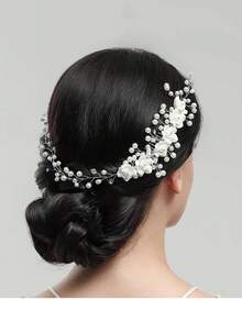 3pcs Set - Girls White Floral Handmade Beaded Hair Clip Accessory + Pearl Lace Short Bridal Gloves - Wedding Dress & Formal Hairstyle Soft Chain Rose Pearl Flower Wreath Set - Suitable For Photography Styling - Multicolor - View 9