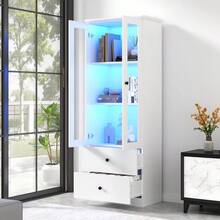 Moderne LED-Vitrine weiß matt 165 cm hoch mit USB-Anschluss, 16-Farben-Fernbedienung, Glasvitrine mit 2 Schubladen, Vertikalvitrine mit verstellbaren Fachböden, Vitrine mit Flügeltüren, MDF-Wohnzimmer - Weiss - Übersicht 3