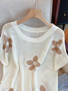 Floral Hollow Out Dropped Shoulder Round Neck Women Vest, Fashionable Casual Elegant Sweet Style Lightweight Summer Clothing - Cream - View 5