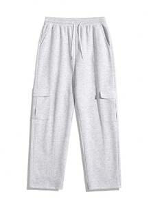 Men's Casual Solid Color Multi-Pocket Cargo Pants With Elastic Drawstring Waist Sports Fall - Light Grey - View 2