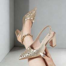 Tacones altos de mujer con puntera en punta y hebilla, de tacón grueso, versátiles, de moda, para el verano - Albaricoque - Ver 1
