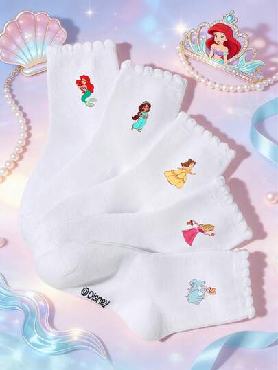  1/5 Pair Disney Spring/Summer White Cartoon Boy/Girl Socks, Cute Princess Pattern, Fashionable Breathable Moisture-Wicking Sports Socks, Soft Skin-Friendly Casual Ankle Socks, Suitable For Back To School, Classroom, New Semester, Students, Birthday Party, Holiday Gifts