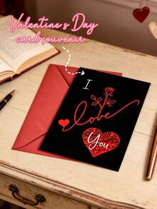 Elegant Valentine's Day Greeting Card With Red Rose Motif: Express Love, Passion & Romance​ – Features A Sleek Black Background With Striking Red Cursive "I Love You", Accompanied By A Delicate Red Rose And Intricate Heart Patterns. The Card Measures 17.8cm*12.7cm/7"*5" And Comes With A Matching Red Envelope. - Single Piece - View 1