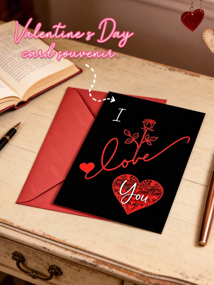 Elegant Valentine's Day Greeting Card With Red Rose Motif: Express Love, Passion & Romance​ – Features A Sleek Black Background With Striking Red Cursive "I Love You", Accompanied By A Delicate Red Rose And Intricate Heart Patterns. The Card Measures 17.8cm*12.7cm/7"*5" And Comes With A Matching Red Envelope. - Single Piece - View 1