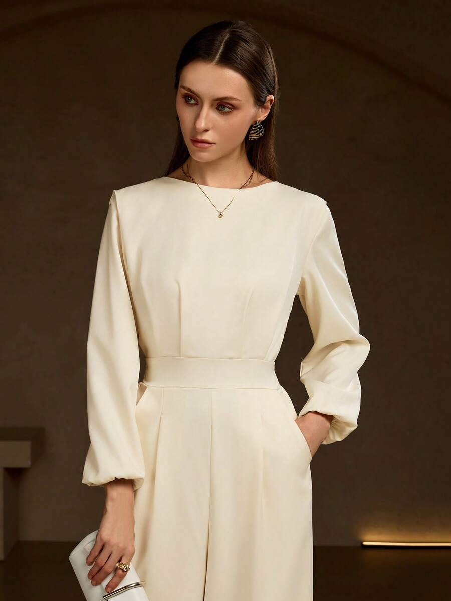 Sophisticated Long Woven Fabric Jumpsuit For Women Round Neck Long Sleeve With Zipper Detail Spring - Light Apricot - View 1