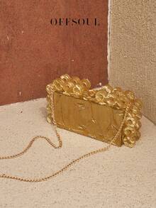 Retro Acrylic Gold Circle Clutch Bag, New Hard Box Rectangle Small Square Bag, Marble Pattern Party Event Handbag With Chain Strap - Gold - View 4