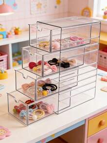 OBOVAY 1pc Multi-Layer Plastic Drawer Type Storage Box, Hair Accessory Organizer Box, Handmade Organizing Box, 4-Layer Transparent Hair Accessory Storage Box, Stackable Bathroom Storage Container. Suitable For Nursery, Bedroom, Kids Room, Jewelry, Cosmetics, Hair Accessories, Fashionable Glasses And Stationery. - Multicolor - View 1