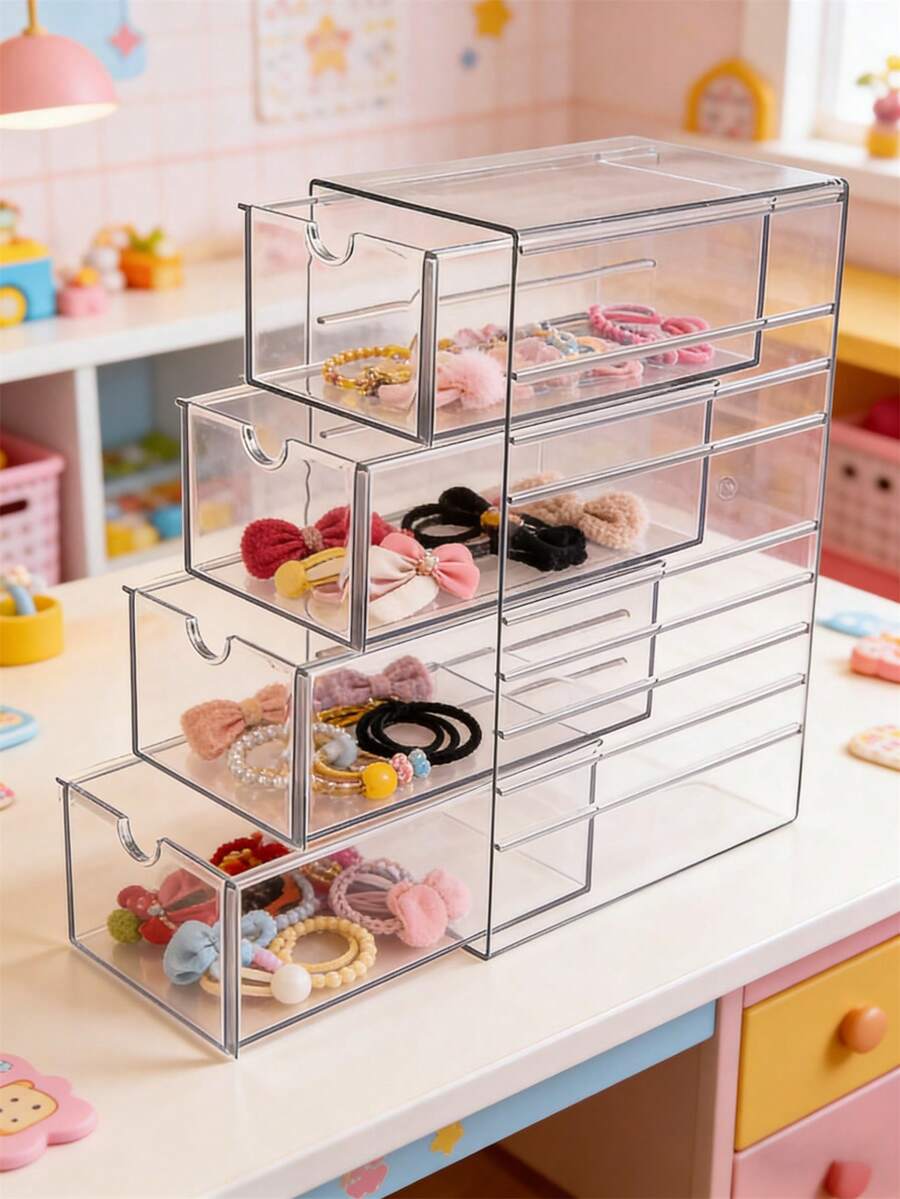 OBOVAY 1pc Multi-Layer Plastic Drawer Type Storage Box, Hair Accessory Organizer Box, Handmade Organizing Box, 4-Layer Transparent Hair Accessory Storage Box, Stackable Bathroom Storage Container. Suitable For Nursery, Bedroom, Kids Room, Jewelry, Cosmetics, Hair Accessories, Fashionable Glasses And Stationery. - Multicolor - View 1