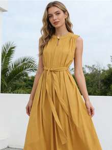 夏季镂空优质圆领无袖休闲连衣裙（女款） - 黃色 - 查看 2