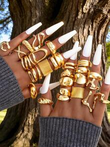 28-6件套复古时尚优雅仿古风格金属多元素彩色仿宝石猫眼石镶嵌闪亮水钻仿珍珠粗锤不规则可调节戒指套装，个性化简约奢华波西米亚Y2K叠戴戒指，男女情侣款，送给女友、家人、夏季假日派对、结婚纪念日的理想礼物 - 彩色 - 查看 5