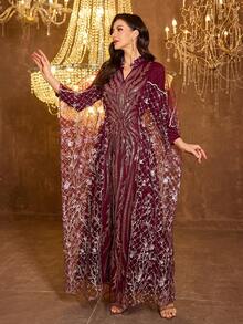 UNITHORSE 女士 V 领长袖系带亮片网纱连衣裙 - 酒紅色 - 查看 6