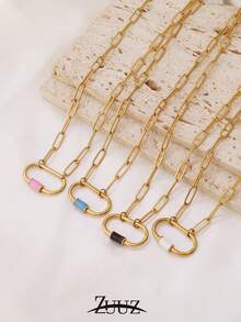 1 pezzo Collana alla moda in acciaio inossidabile con fibbia ellittica colorata per gioielli da donna, collana a catena con fermaglio a geometria per decorazione quotidiana, regalo per la migliore amica - collana - Visualizzare 4