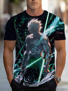 Men's 3D Printed Anime T-Shirt With Full-Body Character Print - Lightweight Breathable Summer Tee, Short Sleeve Round Neck Shirt, Black Base With Green & Blue Anime Graphics, Casual Gym Wear For Manga Fans - 黑色 - 查看 1