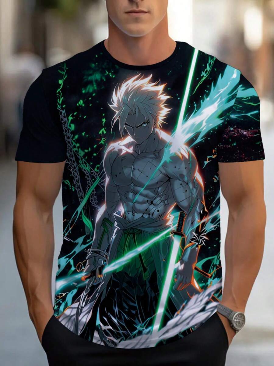 Men's 3D Printed Anime T-Shirt With Full-Body Character Print - Lightweight Breathable Summer Tee, Short Sleeve Round Neck Shirt, Black Base With Green & Blue Anime Graphics, Casual Gym Wear For Manga Fans - 黑色 - 查看 1