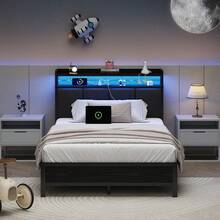 Upholstered Bed Frame With Charging Station, LED Bed Frame With Storage Headboard, Metal Platform Bed Frame With Heavy Duty Metal Slats, No Box Spring Needed, Easy Assembly, Black/ White/ Beige, Twin/ Full/ Queen/ King - 黑色 - 查看 15