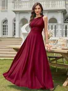 Volly Toych Off-The-Shoulder Ruched Chiffon Elegant Long Formal Bridesmaid Dress, Suitable For Wedding Guests - Burgundy - View 4