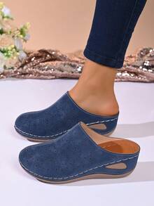 Women's New Round Toe Casual Floral Pattern Hollow Breathable Design Slip-On Wedge Loafers - Blue - View 6