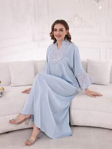 2026 New Style Ramadan Traditional Elegant Embroidered Beaded Dress, Modest Arabic Women's Dress With Small Stand Collar And V-Neck, Blue - Blue - View 9
