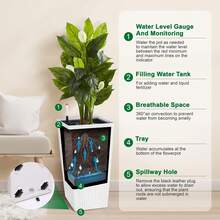 Juego de 2 maceteros altos de ratán de 57 cm. Macetas grandes para interior y exterior con drenaje, monitor de nivel de agua, forros y ruedas. Ideales para patio, porche, jardín y oficina en casa. Color blanco. - B - Ver 7