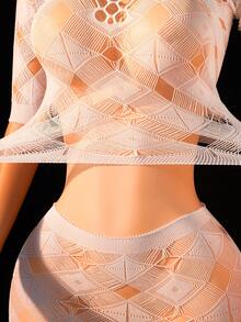 两件套女士性感蕾丝透视露肩短款上衣和迷你裙异域风情镂空泰迪熊内衣 - 白色 - 查看 4