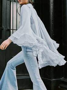 Women's Ruffled Tops Bow Tie Design Long Sleeve Peplum Lace Trim Chiffon Shirt Sheer V Neck Boho Ruffle Beach Blouse - 淺藍色 - 查看 2