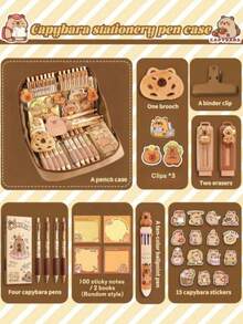 33pcs/226pcs/127pcs/47pcs Capybara Stationery Set, Cute Capybara Pencil Case, Multi-Layer Student Pencil Box, Includes Stickers, Keychains, Brooches, Gift Set - Brown - View 30