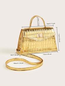 1pc Metallic PU Crocodile Embossed Handbag, Fashionable Elegant Shiny Gold/Silver Eid Gift, Eid Mubarak Accessory Crossbody Bag - Metallic Gloss - View 9