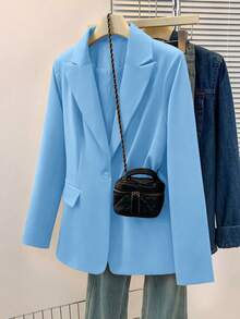 Women's Solid Color Notched Collar Blazer Jacket, Button Front Pocket Design, Long Sleeve Office Wear, Versatile For Business And Casual, Suitable For Autumn, Winter And Spring - Blue - View 3